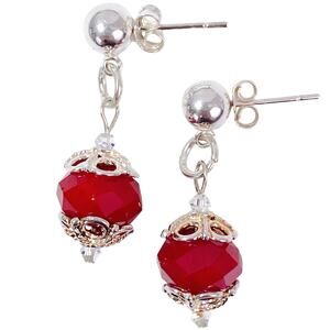 VTG Artisan Sterling Silver Faceted Red Glass Dangle Earrings Handmade Dainty